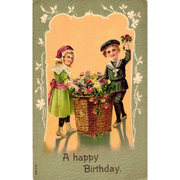 Postcard A Happy Birthday Victorian Children Pick Roses from Flower Basket - Picture 1 of 2